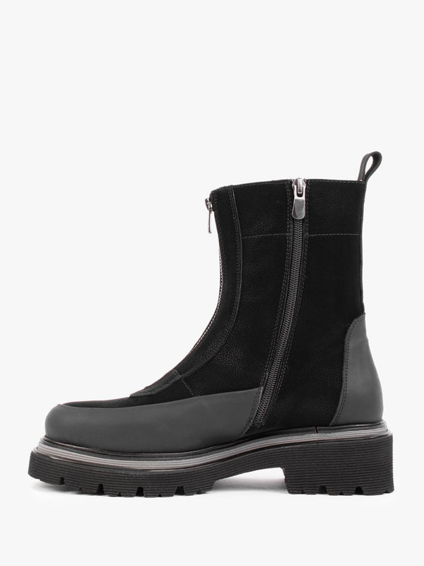 Rippy Black Leather Front Zip Ankle Boots