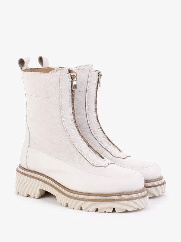 Rippy White Leather Front Zip Ankle Boots