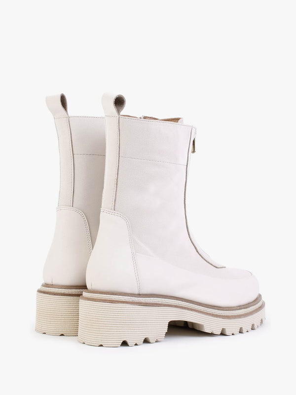 Rippy White Leather Front Zip Ankle Boots