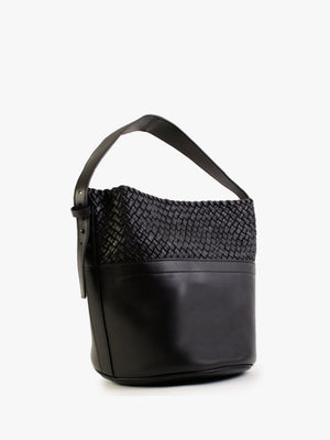 Woven Black Leather Bucket Bag