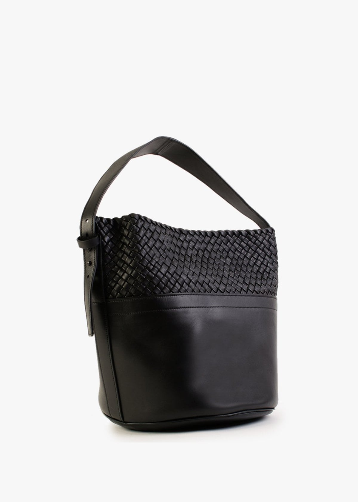 Woven Black Leather Bucket Bag