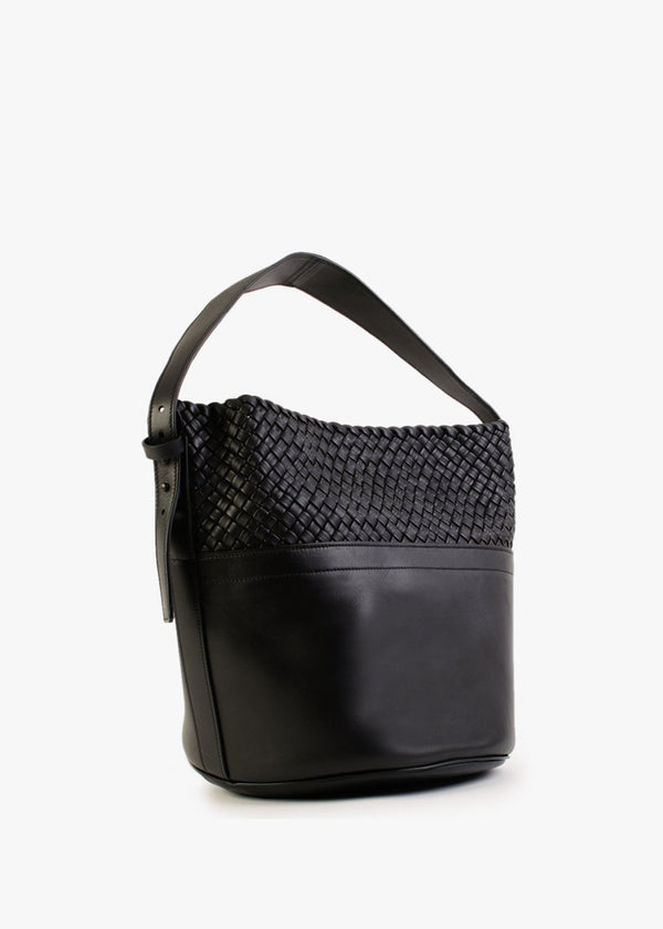 Woven Black Leather Bucket Bag
