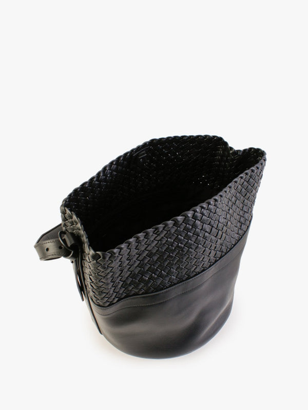 Woven Black Leather Bucket Bag