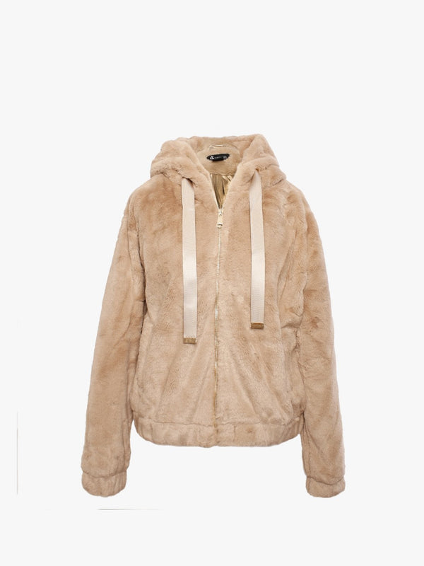 Beige Faux Fur Hooded Bomber Jacket