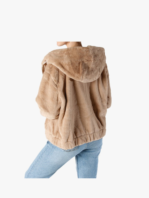 Beige Faux Fur Hooded Bomber Jacket