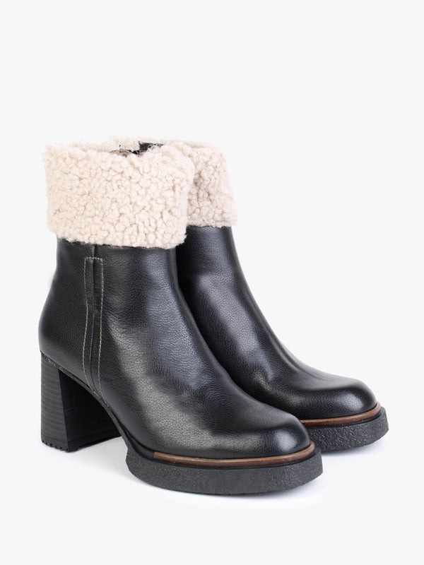 Eros Black Leather Fleece Trim Block Heel Ankle Boots