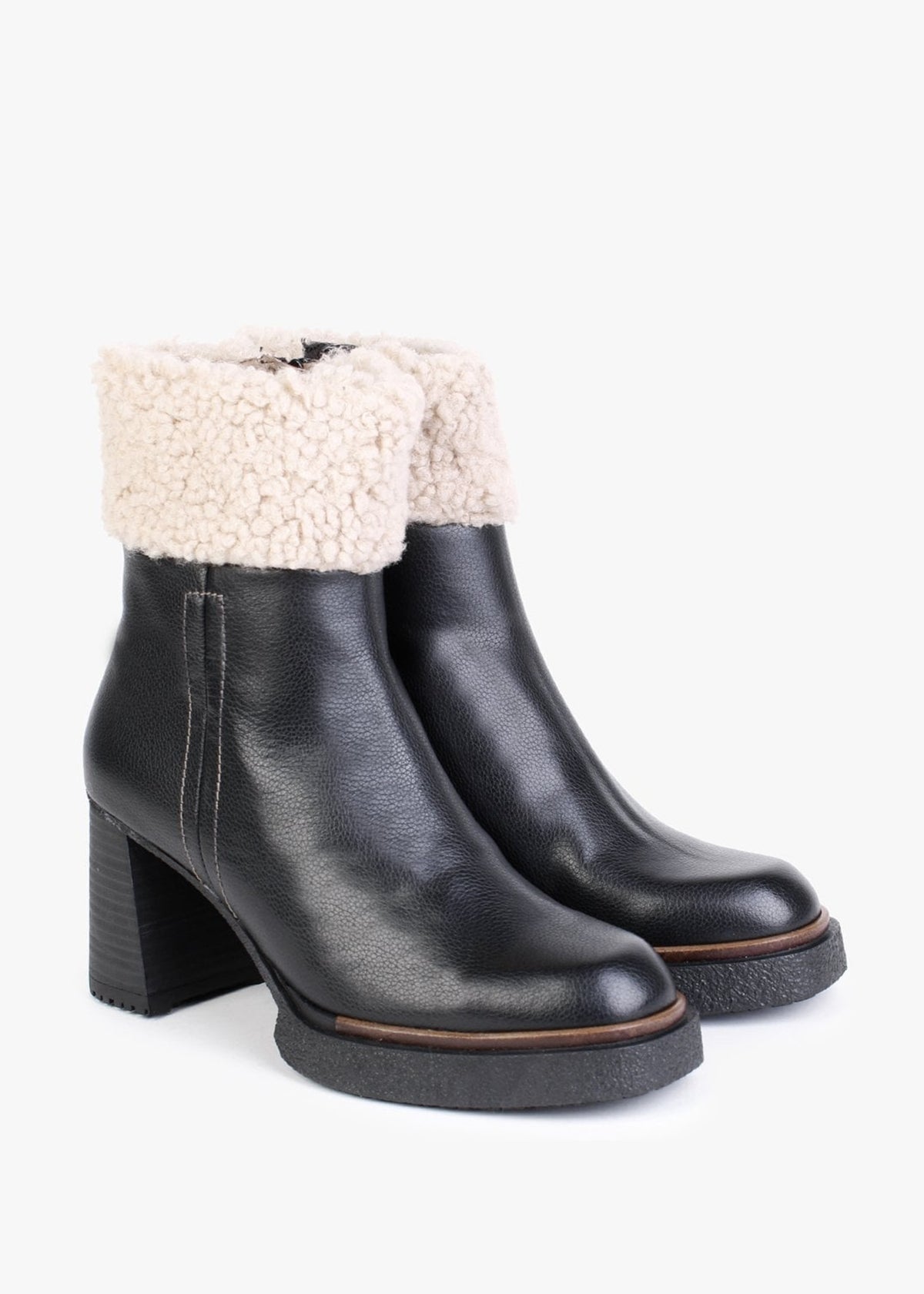 Eros Black Leather Fleece Trim Block Heel Ankle Boots