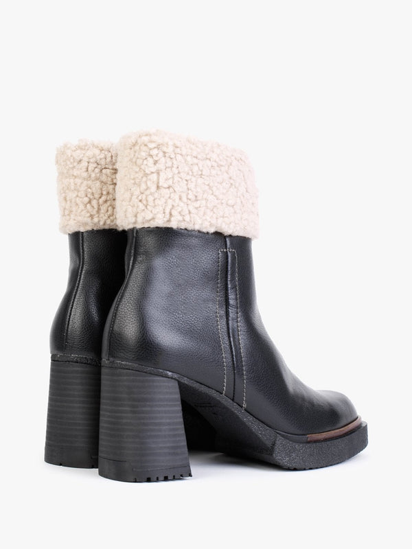 Eros Black Leather Fleece Trim Block Heel Ankle Boots