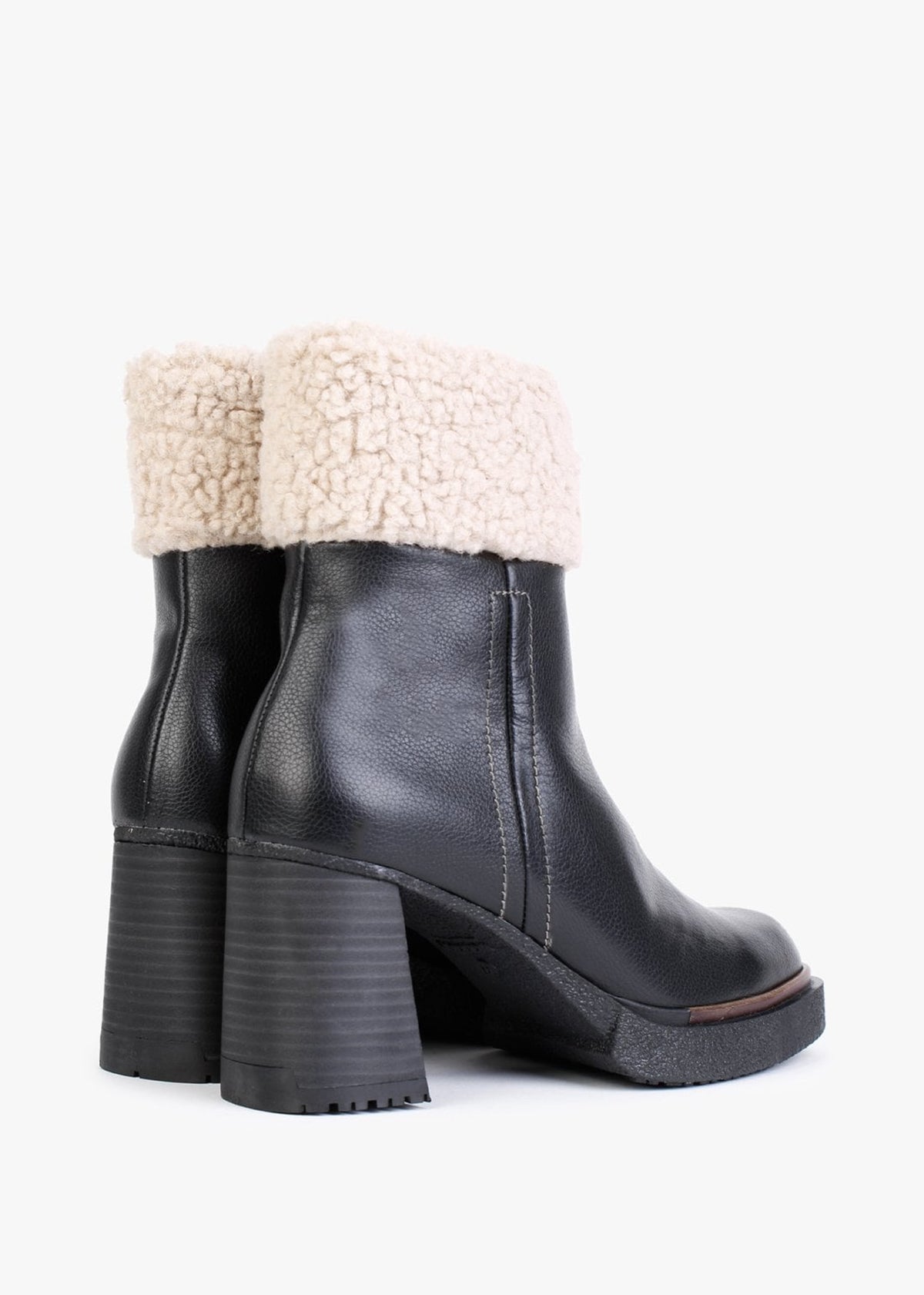 Eros Black Leather Fleece Trim Block Heel Ankle Boots