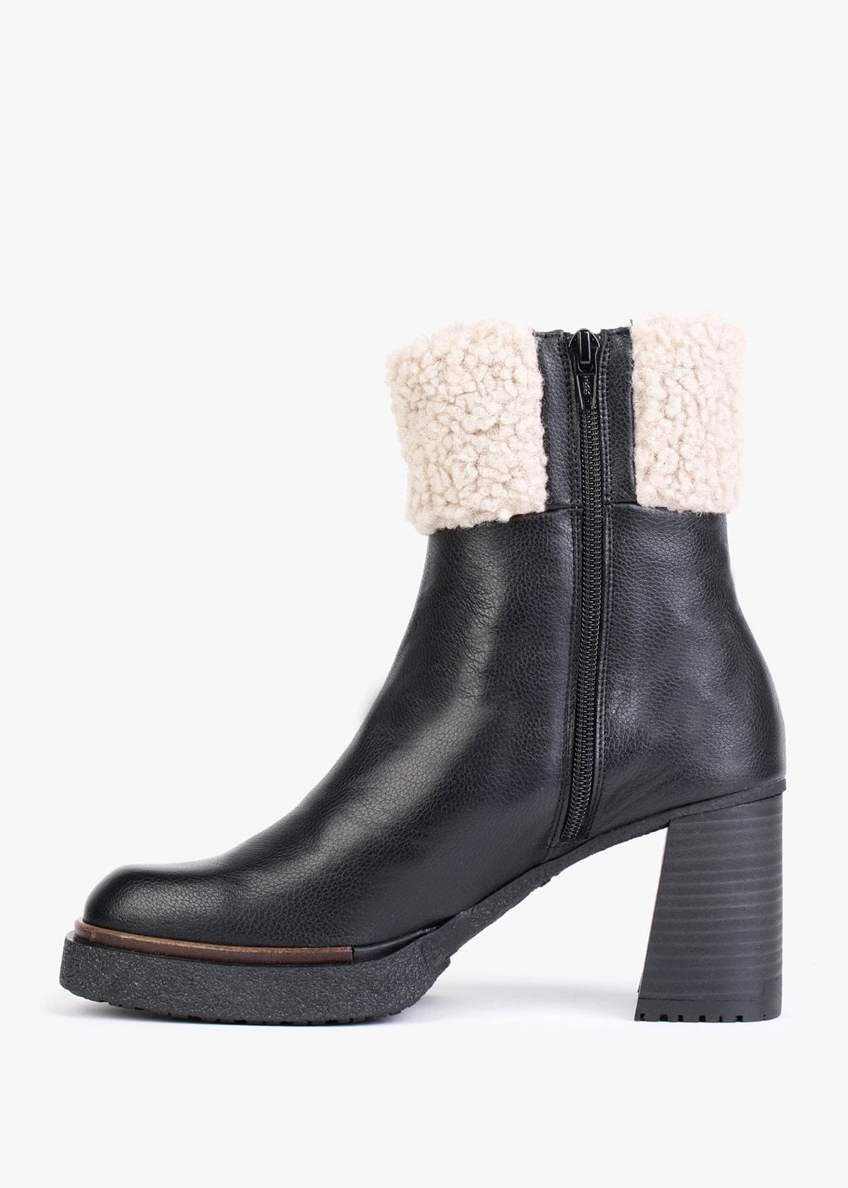 Eros Black Leather Fleece Trim Block Heel Ankle Boots