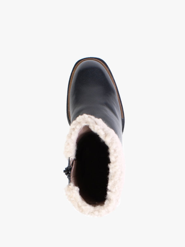 Eros Black Leather Fleece Trim Block Heel Ankle Boots