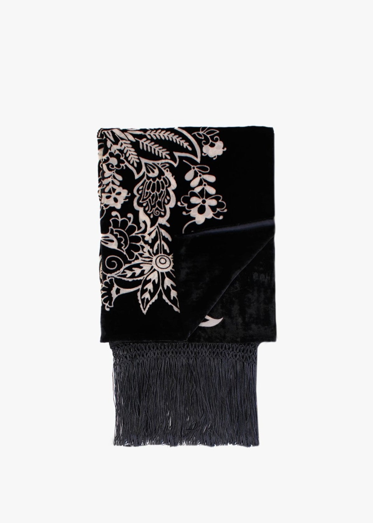 Devore Black Floral Tassel Trim Scarf