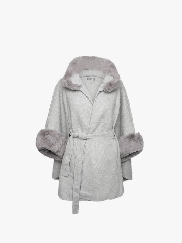Grey Faux Fur Trim Cape