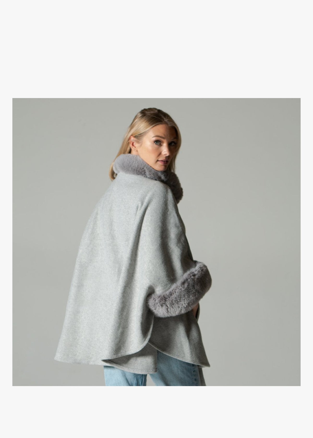 Grey Faux Fur Trim Cape