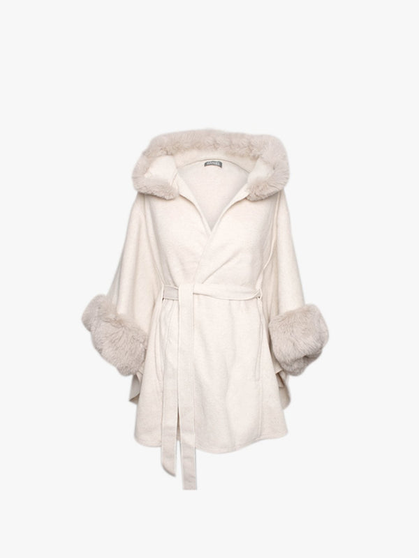 Beige Faux Fur Trim Cape