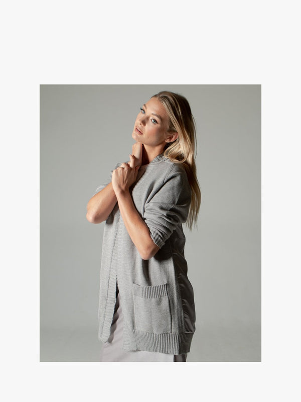 Grey Mid Length Satin Back Cardigan