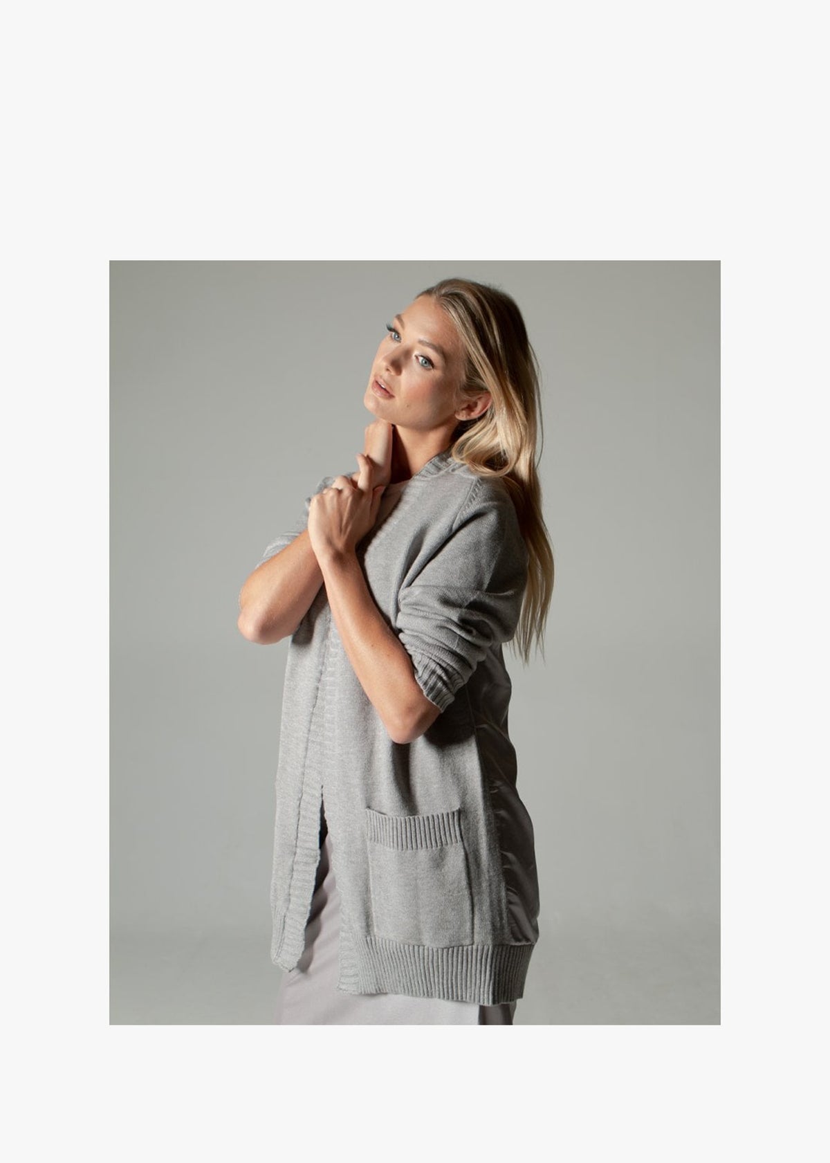 Grey Mid Length Satin Back Cardigan