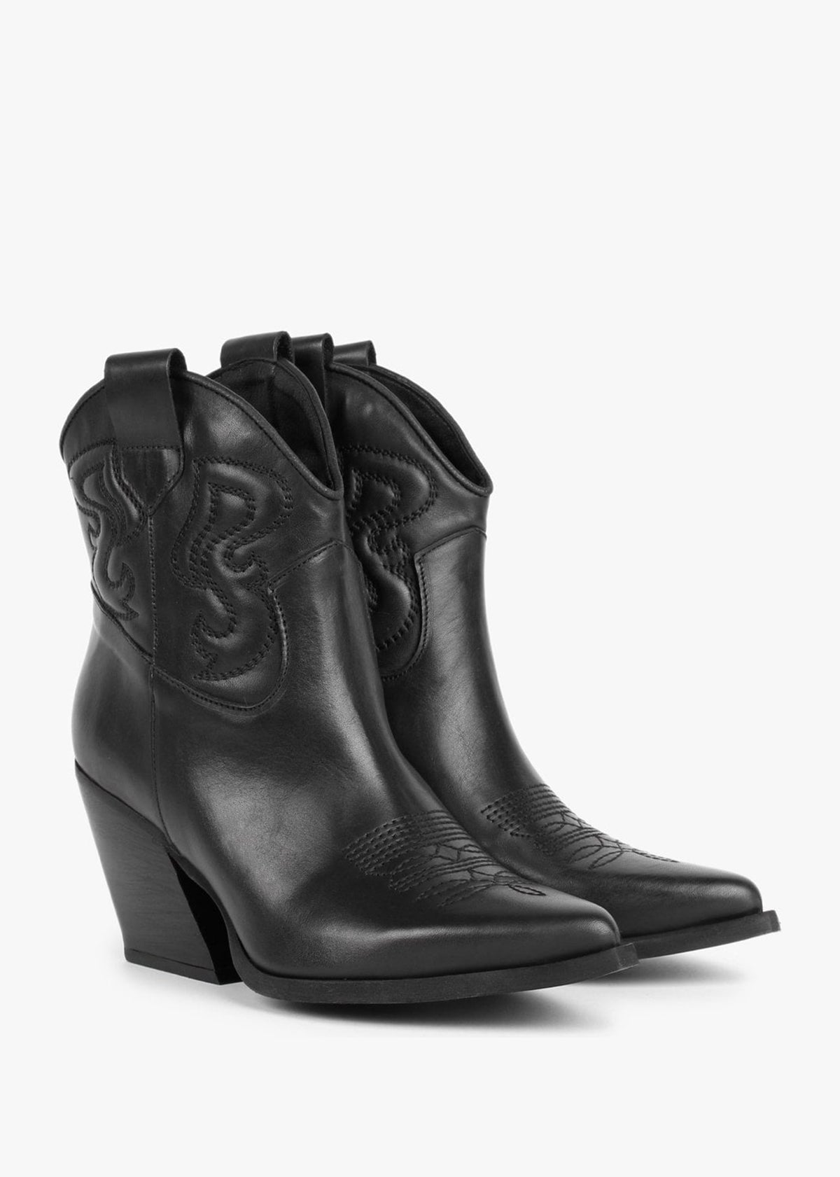 Awesty Black Leather Western Ankle Boots