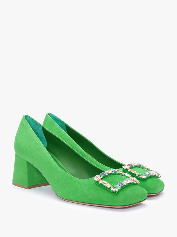 Nadia Green Suede Jewelled Block Heel Court Shoes