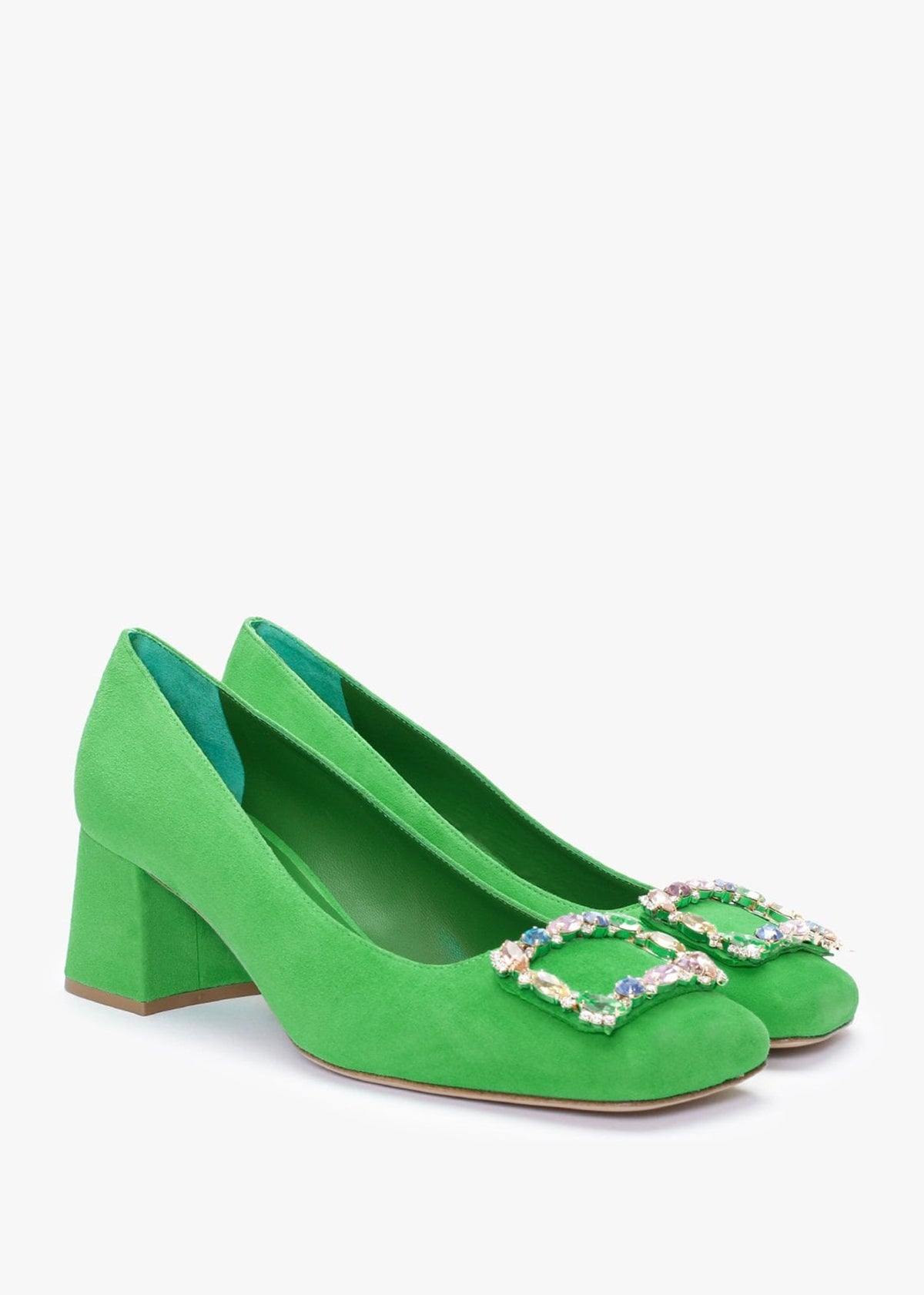 Nadia Green Suede Jewelled Block Heel Court Shoes