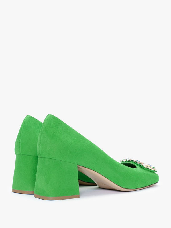 Nadia Green Suede Jewelled Block Heel Court Shoes