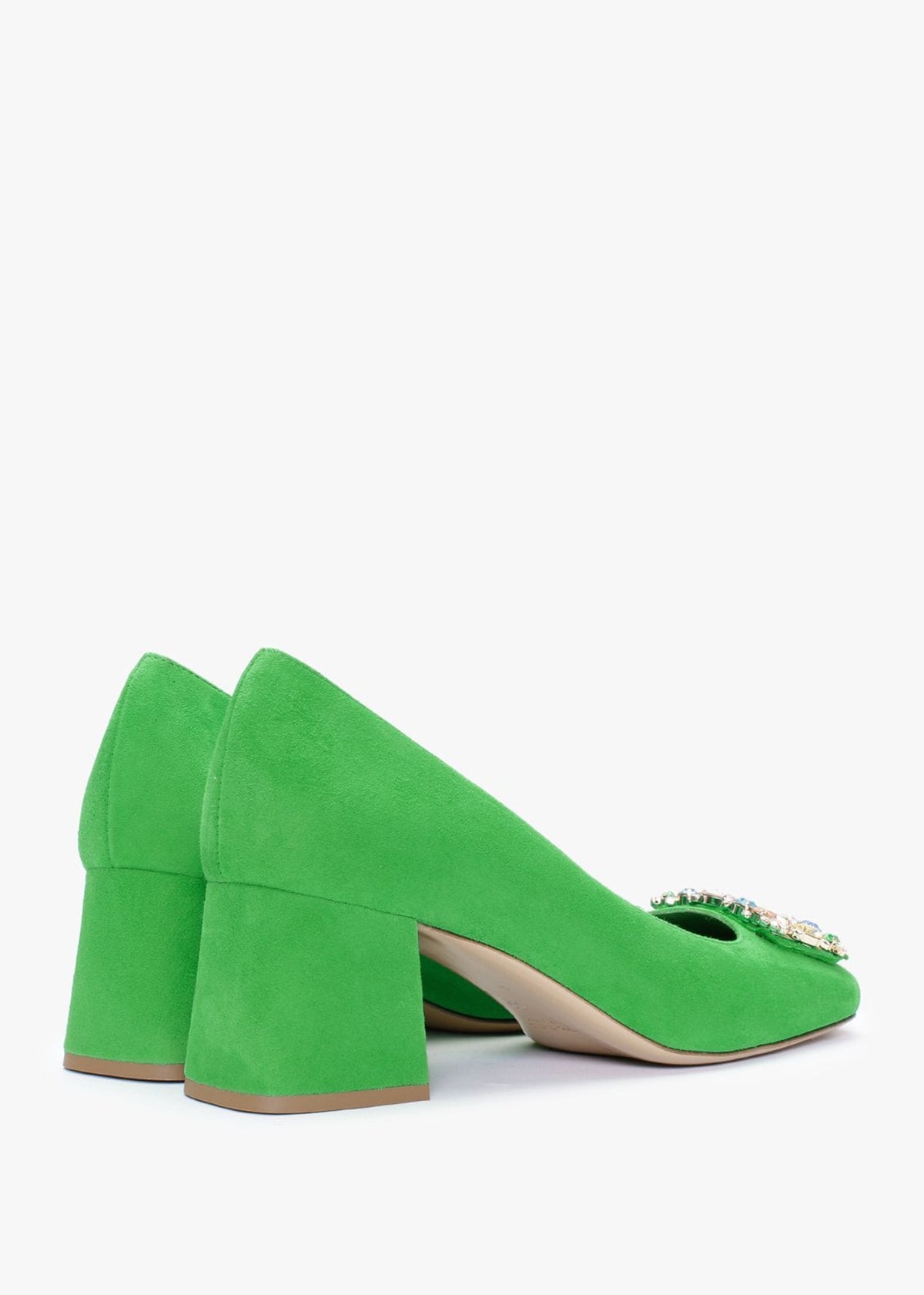 Nadia Green Suede Jewelled Block Heel Court Shoes
