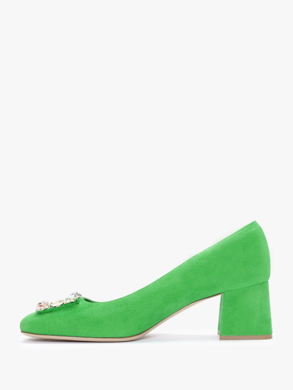 Nadia Green Suede Jewelled Block Heel Court Shoes