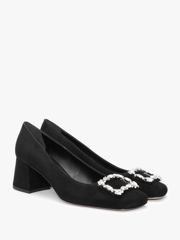 Nadia Black Suede Jewelled Block Heel Court Shoes