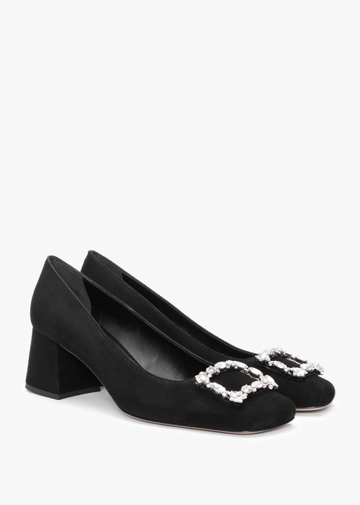 Nadia Black Suede Jewelled Block Heel Court Shoes