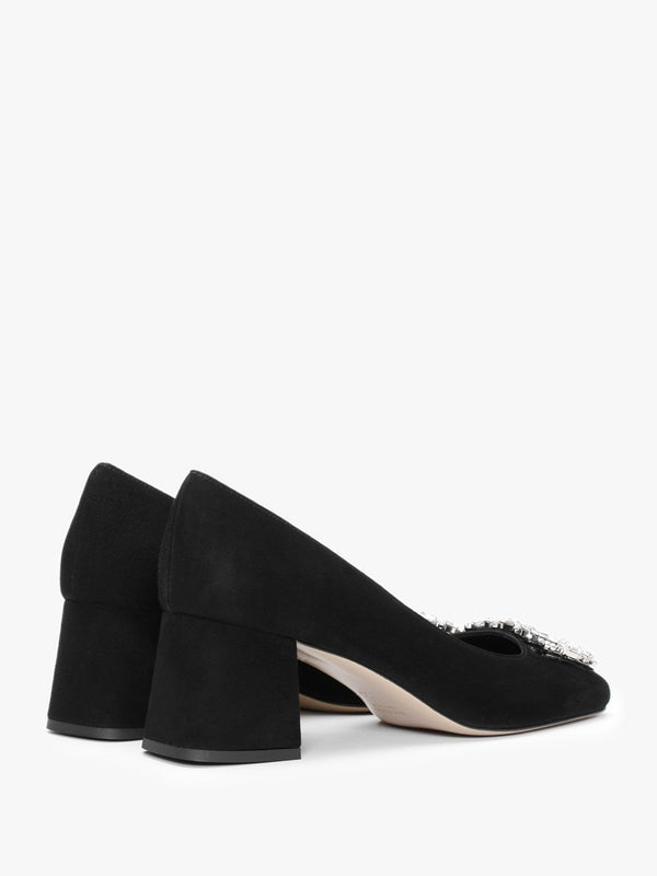 Nadia Black Suede Jewelled Block Heel Court Shoes