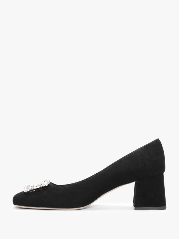 Nadia Black Suede Jewelled Block Heel Court Shoes