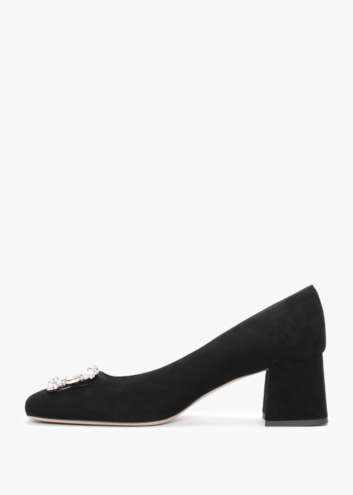 Nadia Black Suede Jewelled Block Heel Court Shoes