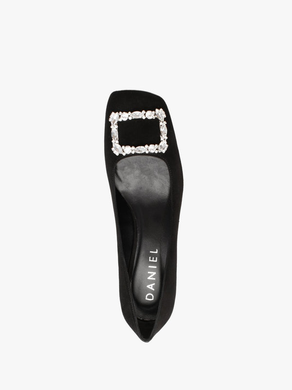 Nadia Black Suede Jewelled Block Heel Court Shoes