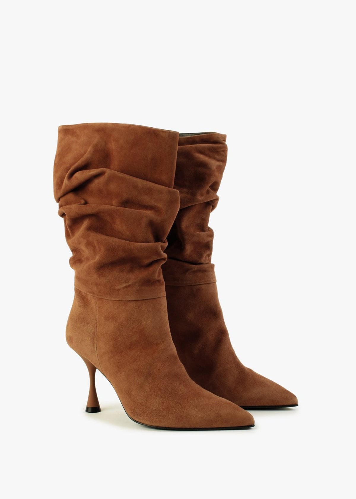 Fointed Tan Suede Ruched Calf Boots