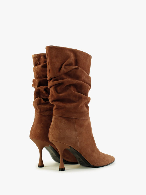 Fointed Tan Suede Ruched Calf Boots