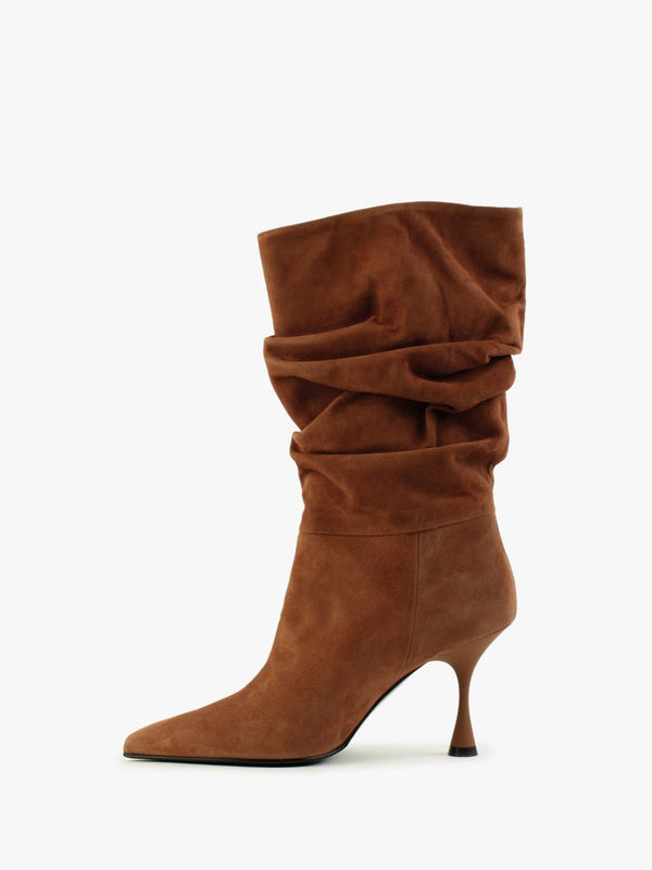 Fointed Tan Suede Ruched Calf Boots