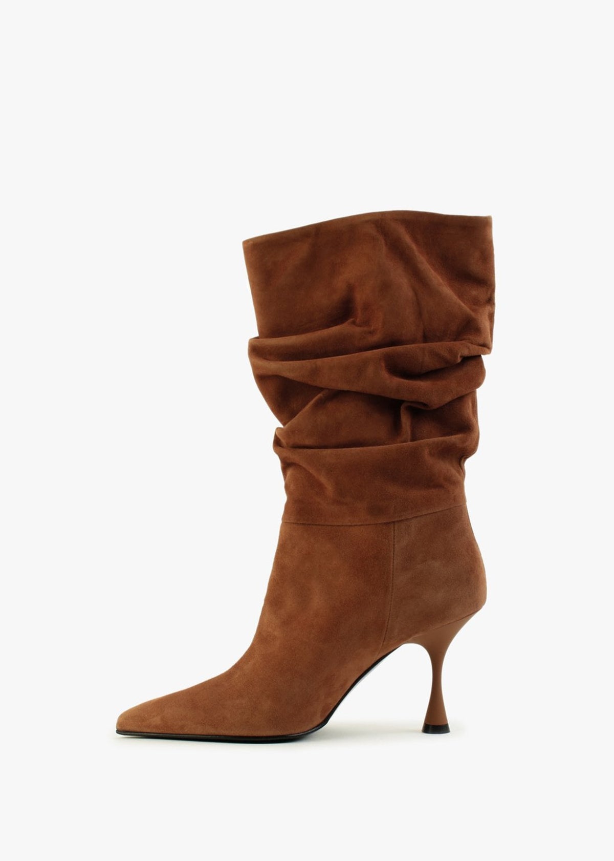 Fointed Tan Suede Ruched Calf Boots