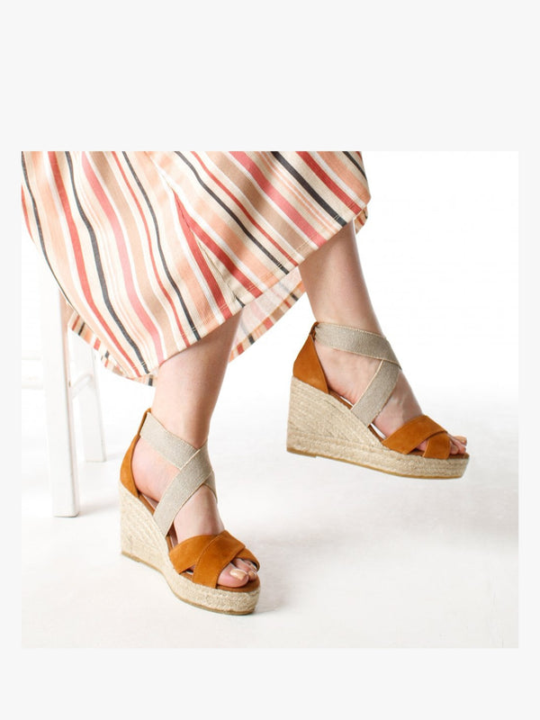 Kamp Tan Suede Elasticated Cross Strap Wedge Espadrilles