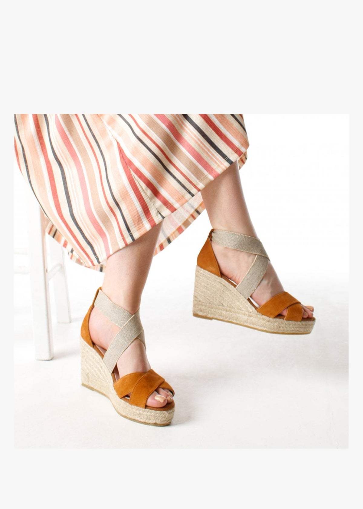 Kamp Tan Suede Elasticated Cross Strap Wedge Espadrilles