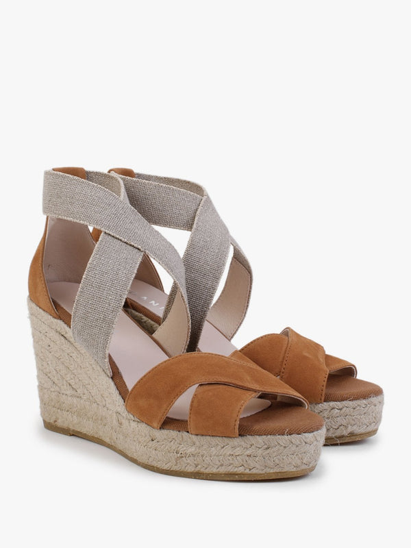 Kamp Tan Suede Elasticated Cross Strap Wedge Espadrilles