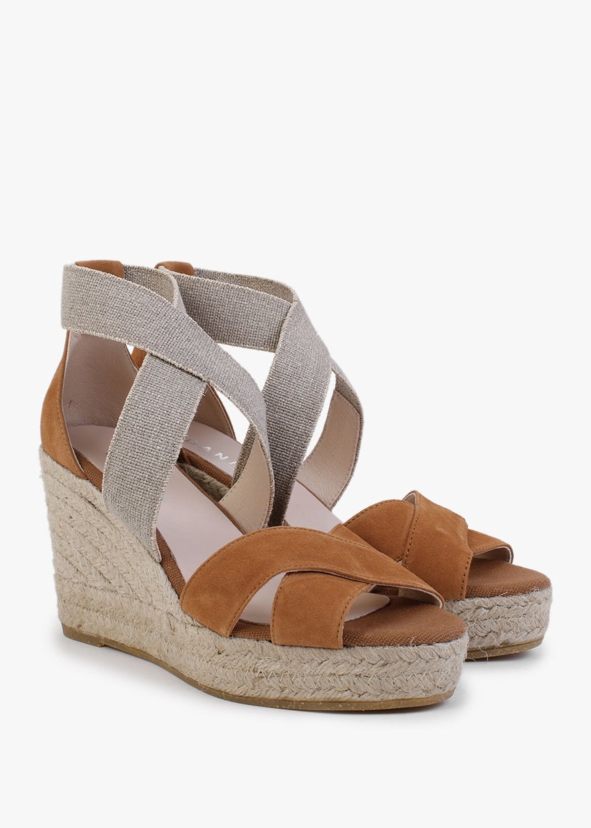 Kamp Tan Suede Elasticated Cross Strap Wedge Espadrilles