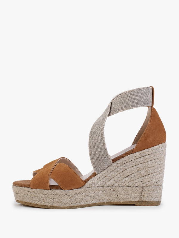 Kamp Tan Suede Elasticated Cross Strap Wedge Espadrilles