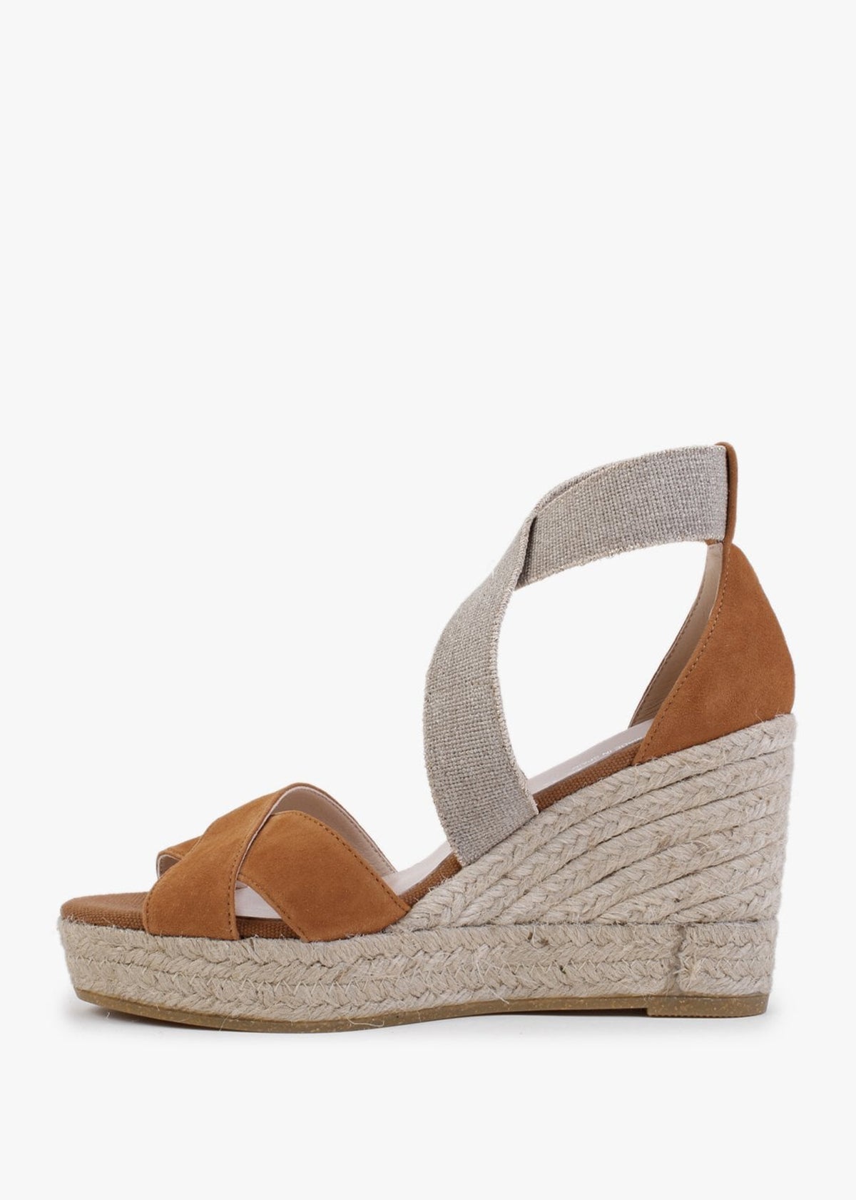 Kamp Tan Suede Elasticated Cross Strap Wedge Espadrilles
