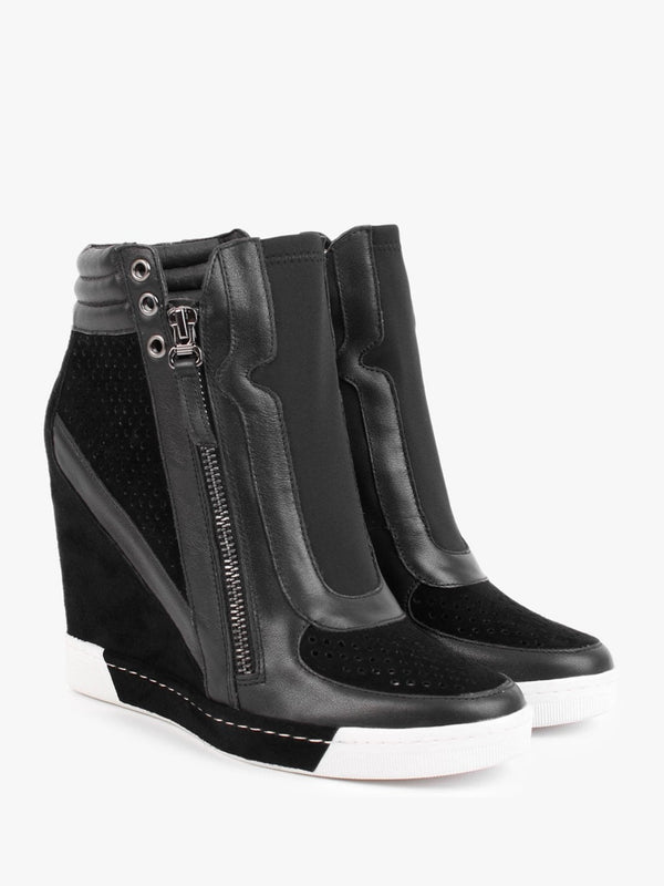 Perfo Black Suede & Leather Concealed Wedge Trainers