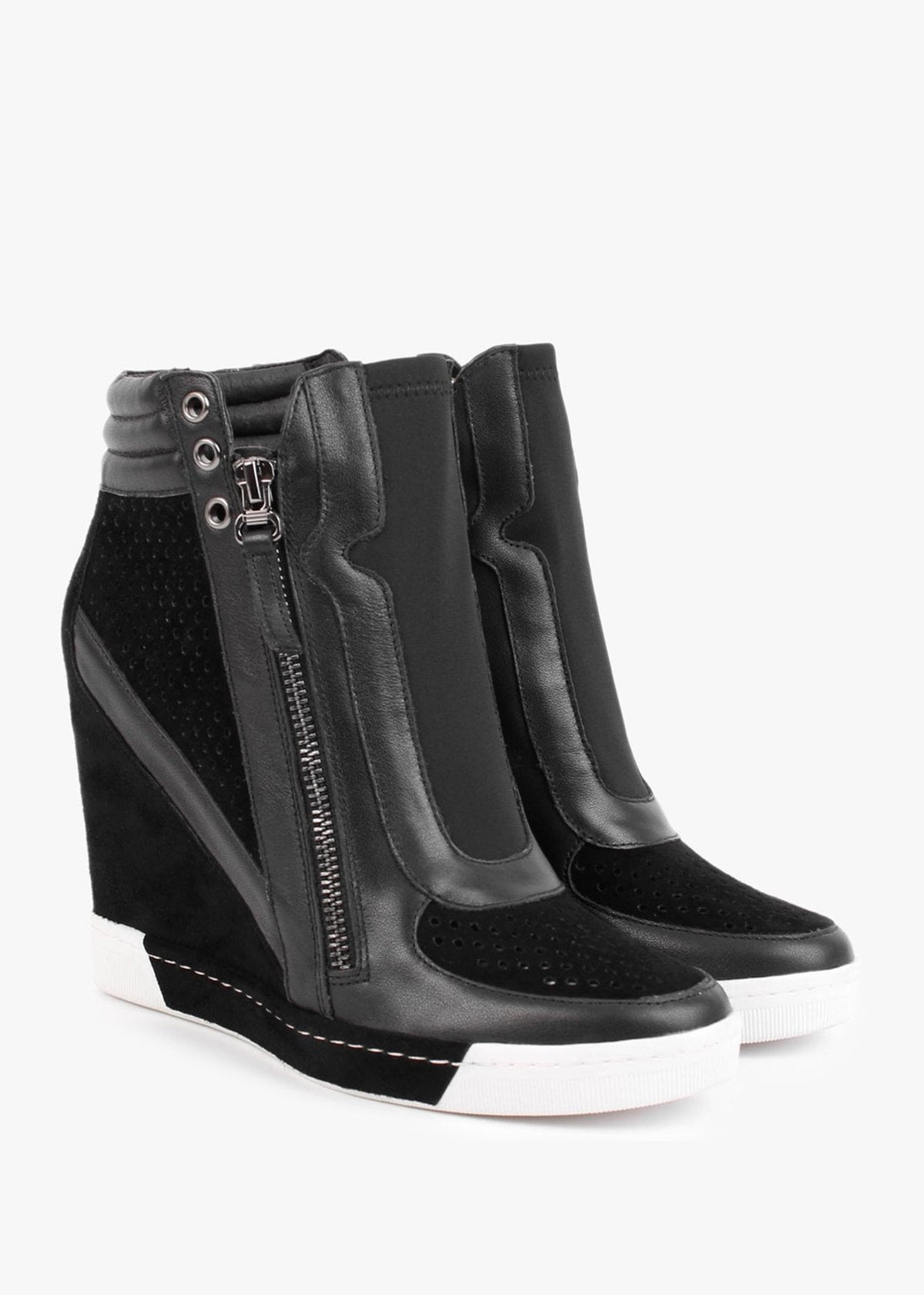 Perfo Black Suede & Leather Concealed Wedge Trainers