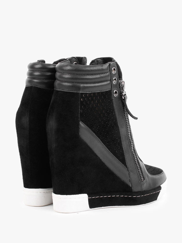 Perfo Black Suede & Leather Concealed Wedge Trainers