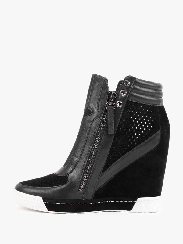 Perfo Black Suede & Leather Concealed Wedge Trainers