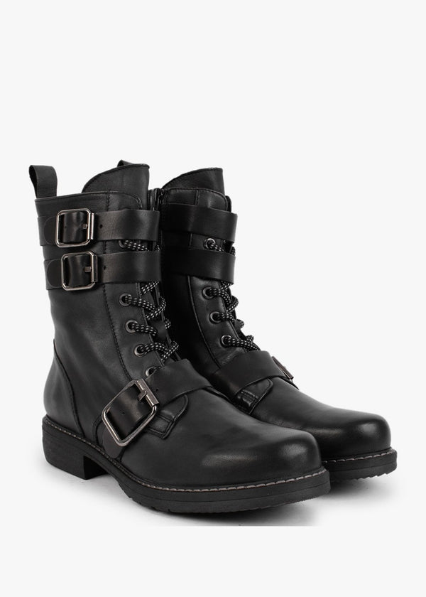 Black Leather Buckled Ankle Boots