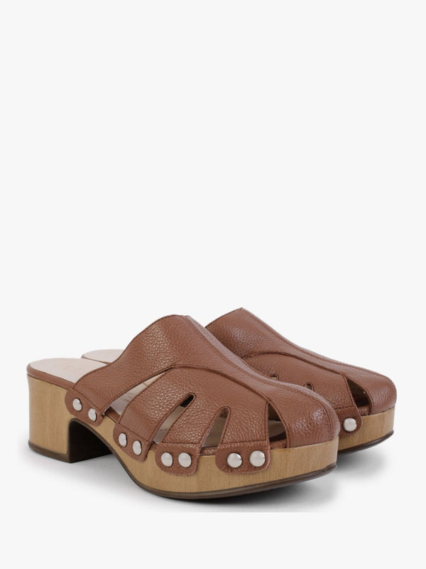 Tonic Tan Leather Cutaway Heeled Mules
