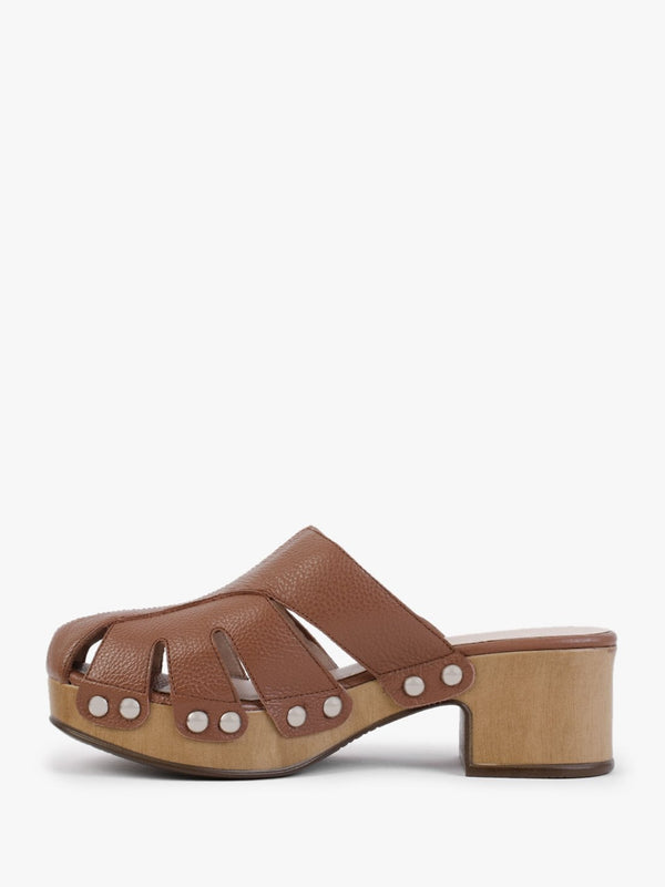 Tonic Tan Leather Cutaway Heeled Mules
